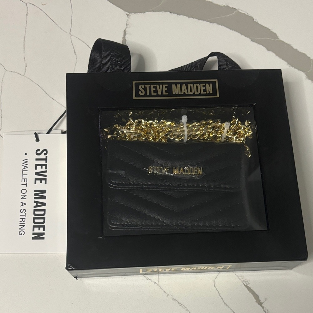 Steve Madden Quilted Black Wallet with Gold Chain